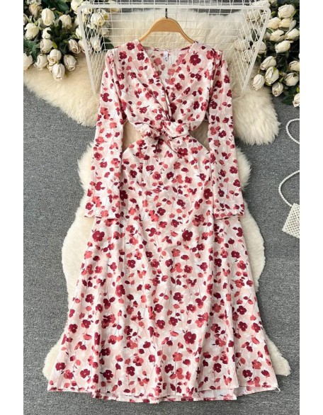 Fashion Floral Print Full Sleeve Long Dress Women Elegant High Waist A-line Party Vestidos Dress