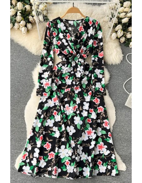 Fashion Floral Print Full Sleeve Long Dress Women Elegant High Waist A-line Party Vestidos Dress