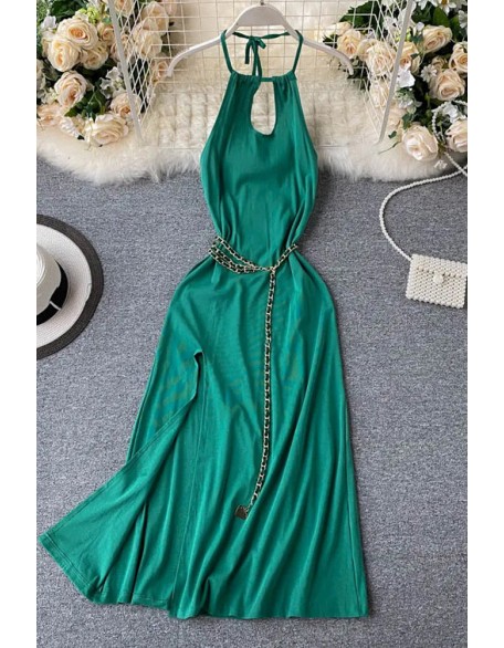 Women Dress Fashion Chains Belt High Split Long Dress Backless Party Dress