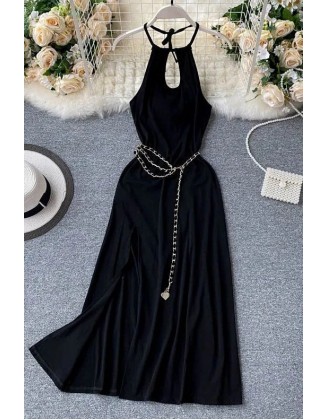 Women Dress Fashion Chains Belt High Split Long Dress Backless Party Dress