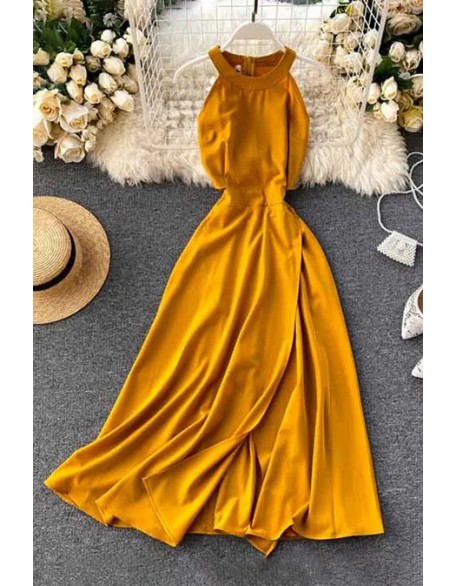 Women Sleeveless Long Dress Female Split Slim Dress Ladies Solid A-line Party Dress