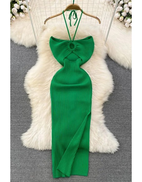 Women Dress Knitted Strapless Wrap Hips High Split Bodycon Dress