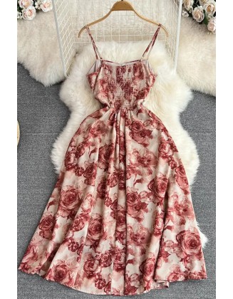 Romantic Rose Print Strap Dress Vintage High Waist Big Swing Long Party Dress