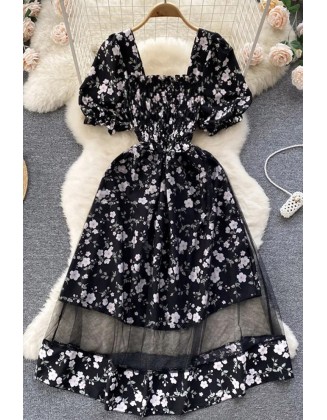 Women Dress Fashion Romantic Floral Print Mesh Patchwork Fake Two Piece Set