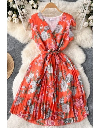 Romantic Women Chiffon Party Dress Elegant Bandage Floral Print Dress