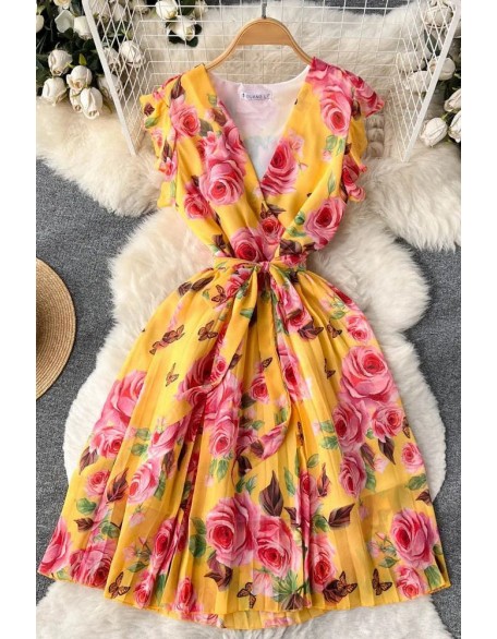 Romantic Women Chiffon Party Dress Elegant Bandage Floral Print Dress