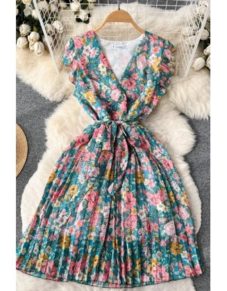 Romantic Women Chiffon Party Dress Elegant Bandage Floral Print Dress