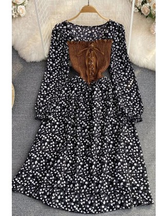 Women Dress Vintage Floral Print Gothic Bandage Long Sleeve Shirt Dress