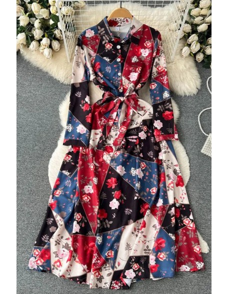 Fashion Colorful Floral Print Full Sleeve Shirt Dress Casual All Match Long Dress