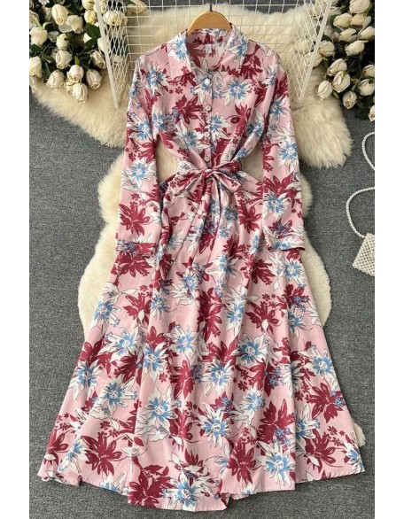 Fashion Colorful Floral Print Full Sleeve Shirt Dress Casual All Match Long Dress