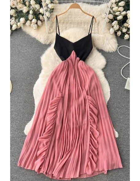 Fashion Color Patchwork Pleated Dress Women Ruffles Straps Long Dress