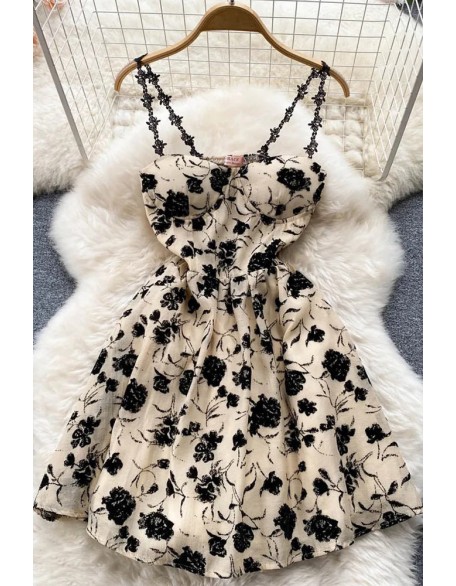 Fashion Women Flowers Print Mini Dress Elegant Lace Straps Backless Dress