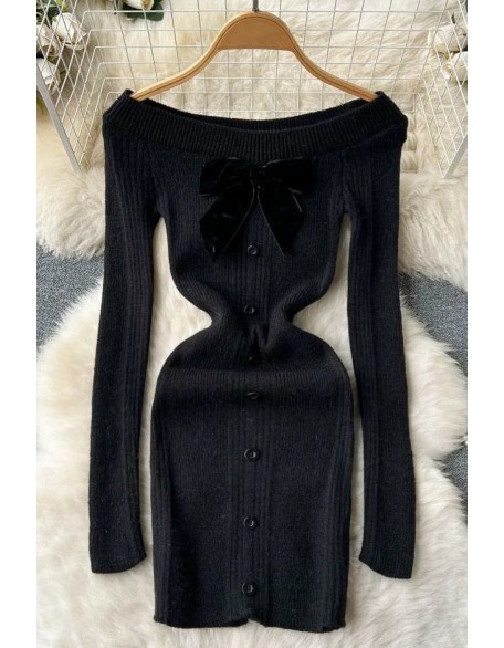 Fashion Women Bow Mini Dress Off Shoulders High Waist Knitted Bodycon Dress