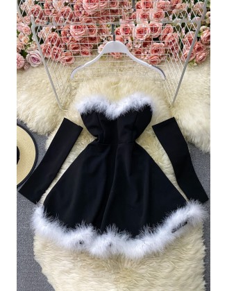 Fashion Style Sexy Uniform Furry Stitching Nightclub Off-Shoulder Backless Dress With Sleeves