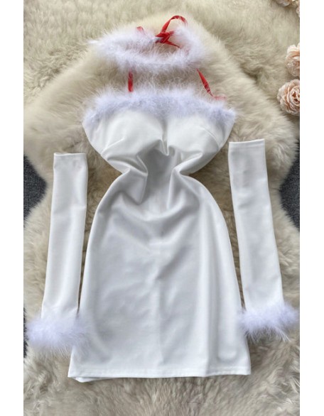 Fashion Style Sexy Uniform Furry Stitching Nightclub Off-Shoulder Backless Dress With Sleeves