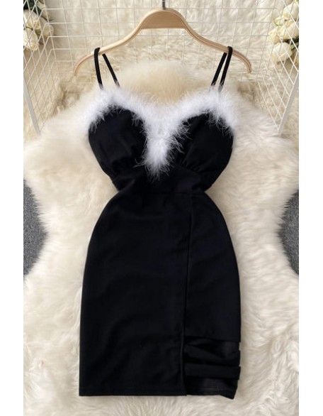 Fashion Style Sexy Uniform Furry Stitching Nightclub Off-Shoulder Backless Dress With Sleeves