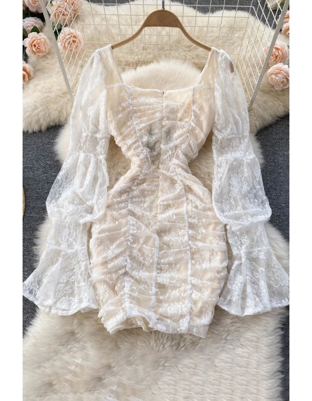 Elegant Women Dresses Lace Patchwork Lantern Long Sleeve Square Collar Femme Vestido See Through Dress