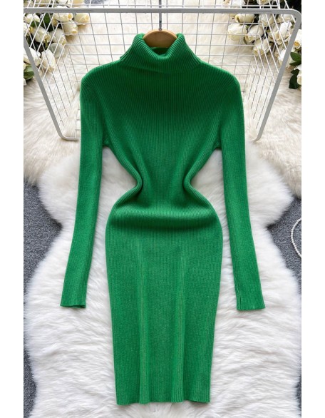 Turtleneck Knitted Dress Long Sleeves Slim Elastic Warm Dress