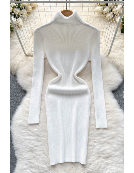 Turtleneck Knitted Dress Long Sleeves Slim Elastic Warm Dress