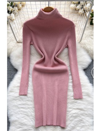 Turtleneck Knitted Dress Long Sleeves Slim Elastic Warm Dress