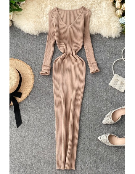 Women Knitted Dress V Neck Slim Elastic Sweater Dress Knit Warm Long Dress