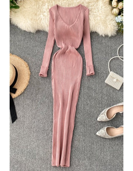 Women Knitted Dress V Neck Slim Elastic Sweater Dress Knit Warm Long Dress