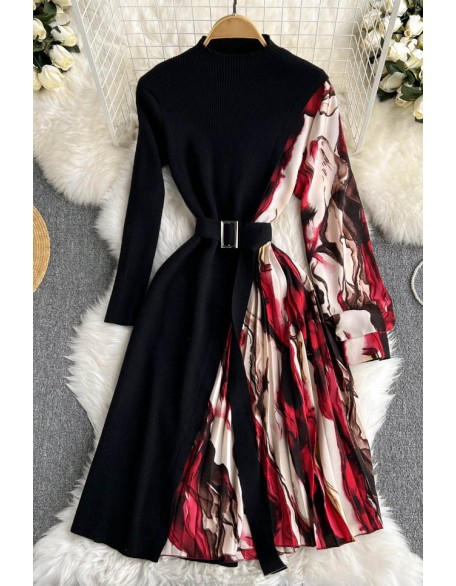 Pleated Knit Patchwork Dress Print Stand Neck Long Sleeve Belt Ladies Warm A Line Sweater Dresses