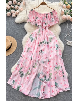 Floral Print Women Dress Ruffled Slash Neck Elastic Waist Fashion Vacation Ladies A Line Maxi Dresses