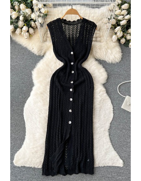 Sleeveless Knit Dress Women Elastic Waist V Neck Hollow Out Fashion Long Dresses