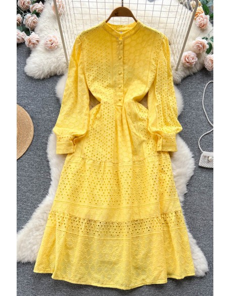 Embroidery Dress Women Lantern Sleeve Slim Hollow Out Fashion Ladies A Line Long Dress