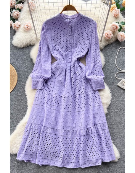 Embroidery Dress Women Lantern Sleeve Slim Hollow Out Fashion Ladies A Line Long Dress