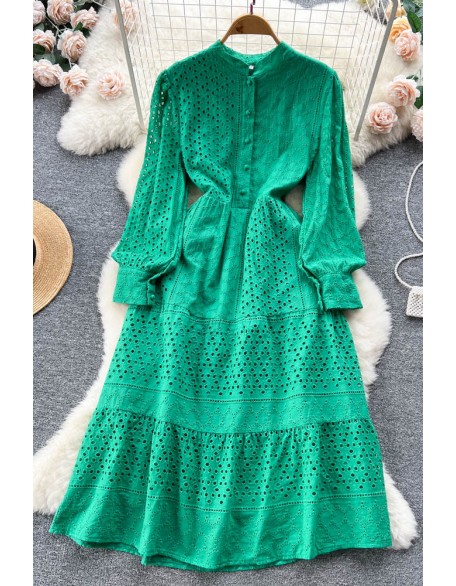 Embroidery Dress Women Lantern Sleeve Slim Hollow Out Fashion Ladies A Line Long Dress