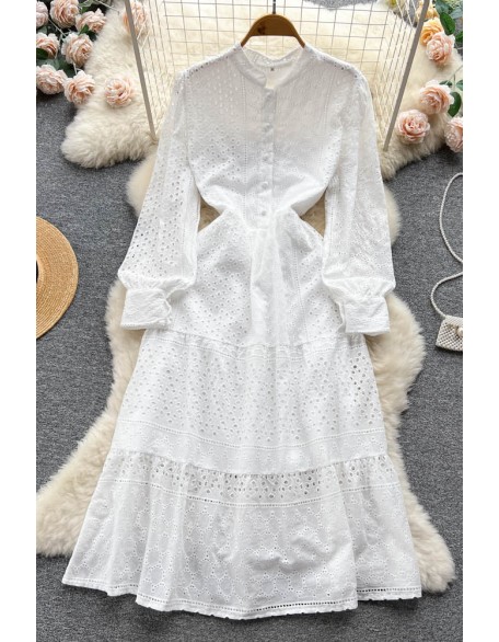 Embroidery Dress Women Lantern Sleeve Slim Hollow Out Fashion Ladies A Line Long Dress