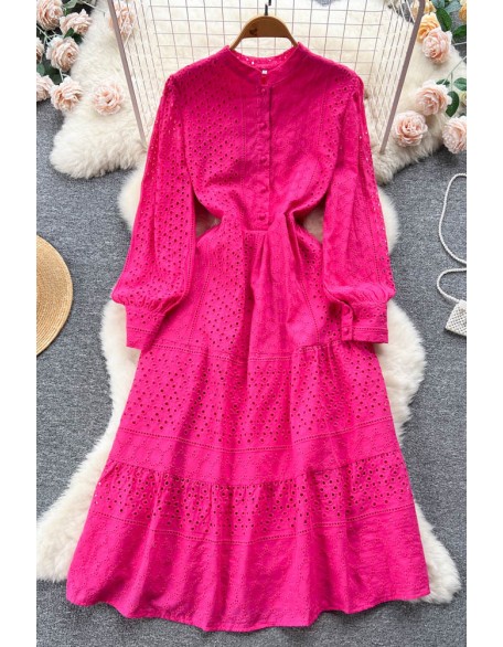 Embroidery Dress Women Lantern Sleeve Slim Hollow Out Fashion Ladies A Line Long Dress