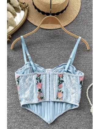 Floral Embroidery Lace Sexy Camisole Fashion Women Backless Blue Female Beach Style Crop Tops
