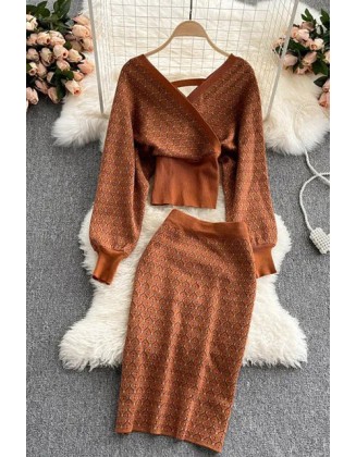 Fashion Comfy Women Dress Elegant Two Piece Set Knitted Tops And Pencil Skirts