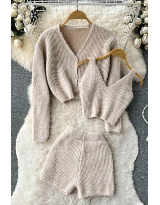 Fashion Three Piece Women Shorts Sets Fashion Crop Tops + Cardigans + Shorts Female Knitted Suit Three-Piece