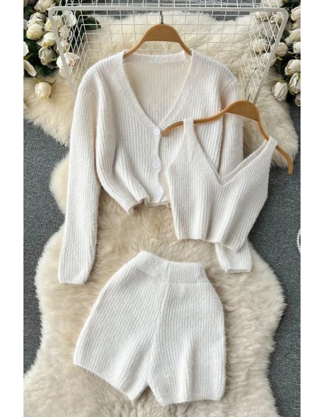 Fashion Three Piece Women Shorts Sets Fashion Crop Tops + Cardigans + Shorts Female Knitted Suit Three-Piece