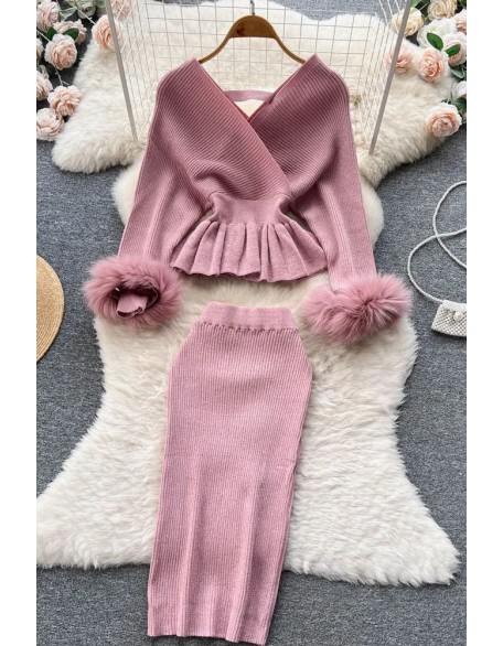 Women Dress Set Elegant Shining Knitted Ruffled Sweater and Skinny High Waist Skirts Two Piece Suits