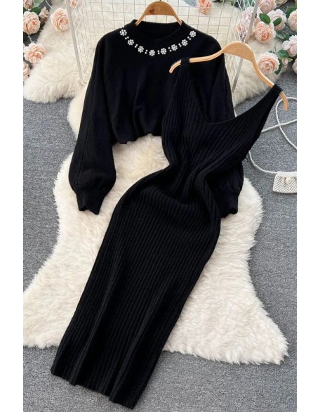 Women Dress Set Elegant Pearl O-neck Knitted Sweaters + Strap Dress Two Piece Suits