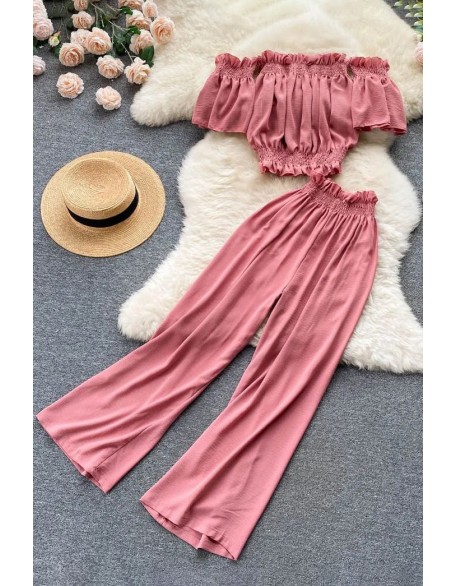 Fashion Beach Two Piece Set Women Off Shoulder Slim Waist Crop Tops + Casual Loose Wide Leg Pants Lady Holiday Suits