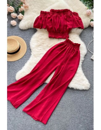 Fashion Beach Two Piece Set Women Off Shoulder Slim Waist Crop Tops + Casual Loose Wide Leg Pants Lady Holiday Suits