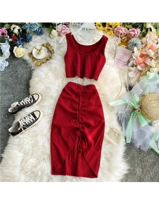 Fashion Sexy Tank Tops and Drawstring Package Hips Skirts Two Piece Set Women Dress