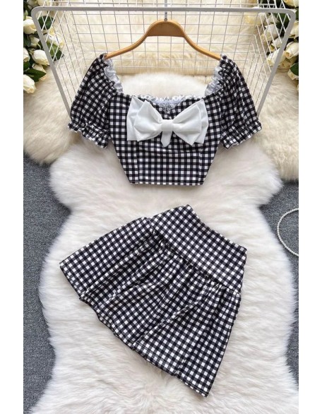 Women Dress Set Sweet Bow Plaid Crop Tops + Slim High Waist Mini Skirts Fashion Two Piece Suits