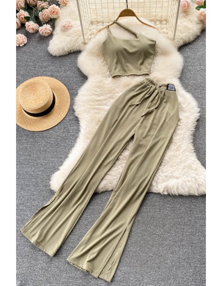 Women Dress Set Fashion Crop Tops + High Waist Bandage Long Pants Beach Two Piece Suits