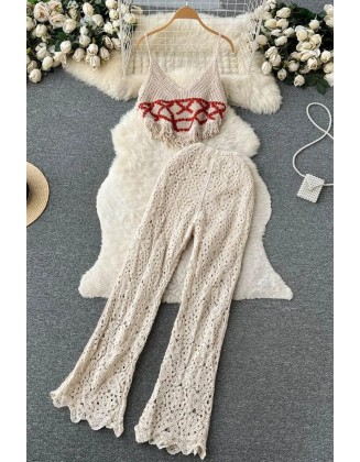 Women Vacation Beach Knitted Camis Crop Tops + High Waist Long Pants Holiday Two Piece Suits