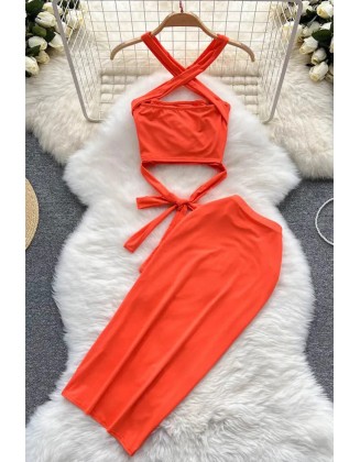 Holiday Beach Two Piece Suits Women Dress Set Bandage Short Tops + Skinny High Waist Wrap Skirts