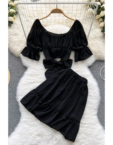 Women Dress Set Fashion Bow Bandage Crop Tops + Elastic High Waist A-line Mini Skirts Two Piece Suis