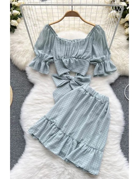 Women Dress Set Fashion Bow Bandage Crop Tops + Elastic High Waist A-line Mini Skirts Two Piece Suis