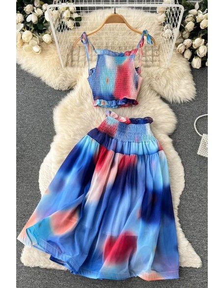 Women Dress Set Fashion Tie Dye Print Short Strap Cami Tops + High Waist Skirts Beach Two Piece Suits